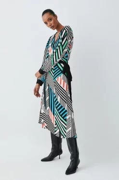 Discount 😀 Karen Millen Spliced Stripe Printed Wrap Woven Midi 👗 Dress ⌛