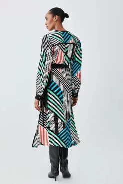 Discount 😀 Karen Millen Spliced Stripe Printed Wrap Woven Midi 👗 Dress ⌛ -Karen Millen Outlet store bkk07587 stripe xl 2