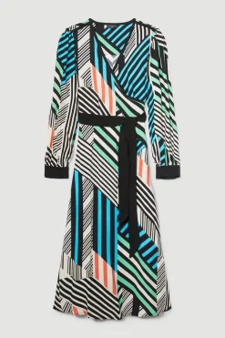 Discount 😀 Karen Millen Spliced Stripe Printed Wrap Woven Midi 👗 Dress ⌛ -Karen Millen Outlet store bkk07587 stripe xl 3