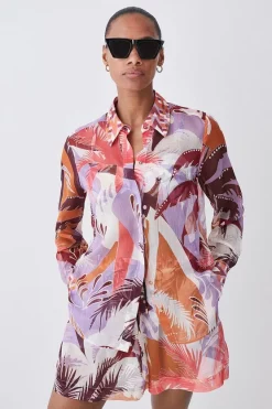 Wholesale ⭐ Karen Millen Tropical Ikat Printed Woven Beach 👕 Shirt Cover Up - orange ⭐