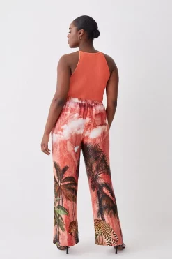 Outlet ⌛ Karen Millen Plus Size Satin Palm Printed Woven Trousers - orange 👍 -Karen Millen Outlet store bkk07601 orange xl 2
