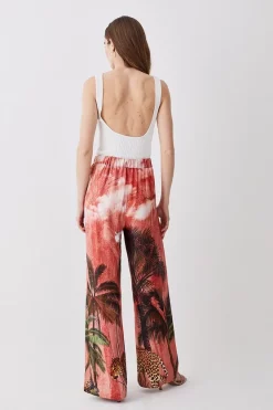 Deals 🔔 Karen Millen Satin Palm Printed Woven Trousers - orange 🧨 -Karen Millen Outlet store bkk07603 orange xl 2