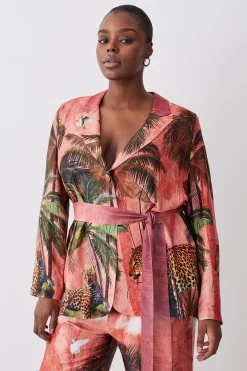 Brand new ๐ Karen Millen Plus Size Satin Palm Print Belted Woven Jacket - orange ๐คฉ