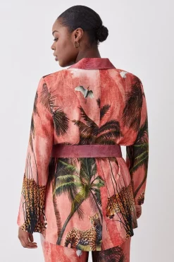 Brand new 🎁 Karen Millen Plus Size Satin Palm Print Belted Woven Jacket - orange 🤩 -Karen Millen Outlet store bkk07604 orange xl 2