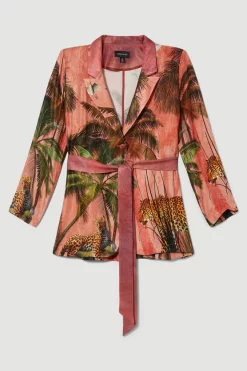 Brand new 🎁 Karen Millen Plus Size Satin Palm Print Belted Woven Jacket - orange 🤩 -Karen Millen Outlet store bkk07604 orange xl 3