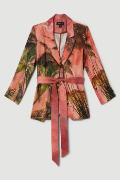 Coupon 🛒 Karen Millen Petite Satin Palm Print Belted Woven Jacket - orange 🎁 -Karen Millen Outlet store bkk07605 orange xl 3