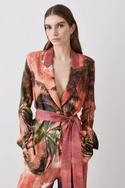 Cheap 🛒 Karen Millen Satin Palm Print Belted Woven Jacket - orange ⭐