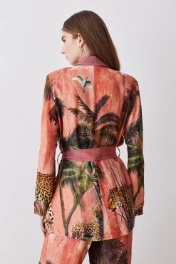Cheap 🛒 Karen Millen Satin Palm Print Belted Woven Jacket - orange ⭐ -Karen Millen Outlet store bkk07606 orange xl 2