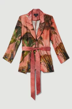 Cheap 🛒 Karen Millen Satin Palm Print Belted Woven Jacket - orange ⭐ -Karen Millen Outlet store bkk07606 orange xl 3