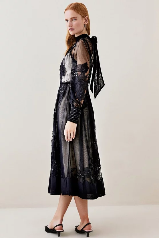 Flash Sale ๐ Karen Millen Lydia Millen Floral Applique Mesh Woven Midi ๐ Dress - mono ๐งจ 6 Flash Sale ๐ Karen Millen Lydia Millen Floral Applique Mesh Woven Midi ๐ Dress - mono ๐งจ - Image 4