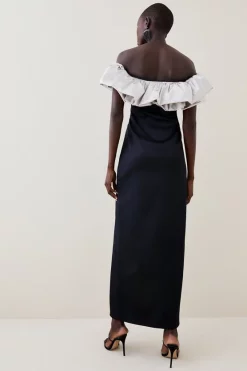 Discount ✨ Karen Millen Italian Structured Satin Ruffle Bardot Maxi 👗 Dress - mono 💯 -Karen Millen Outlet store bkk07635 mono xl 2