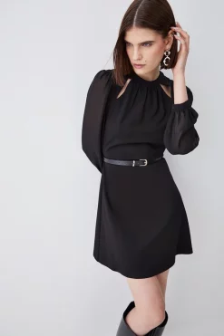 Best Pirce 🎁 Karen Millen Georgette Sleeve Belted Ponte Skater 👗 Dress - black ✨