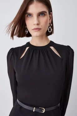 Best Pirce 🎁 Karen Millen Georgette Sleeve Belted Ponte Skater 👗 Dress - black ✨ -Karen Millen Outlet store bkk07640 black xl 4