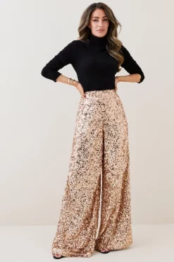Wholesale ๐ Karen Millen Lydia Millen Textured Sequin Wide Leg Woven Trousers - rose gold ๐
