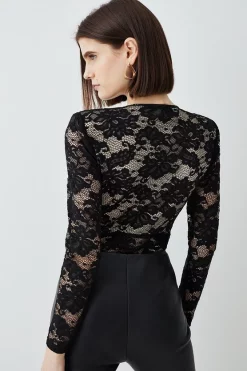 Budget 😀 Karen Millen Lace V Neck Long Sleeve Bodysuit - black 🥰 -Karen Millen Outlet store bkk07671 black xl 2