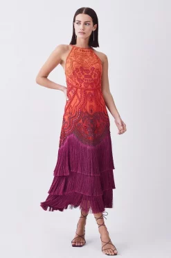 New 🎁 Karen Millen Petite Ombre Fringe Strappy Beaded Maxi 👗 Dress - orange 🌟