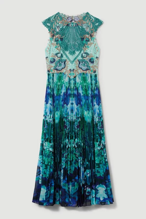 Hot Sale 🤩 Karen Millen Metallic Guipure Lace Mirrored Pleat Midi 👗 Dress - teal 😉 6 Hot Sale 🤩 Karen Millen Metallic Guipure Lace Mirrored Pleat Midi 👗 Dress - teal 😉 - Image 4
