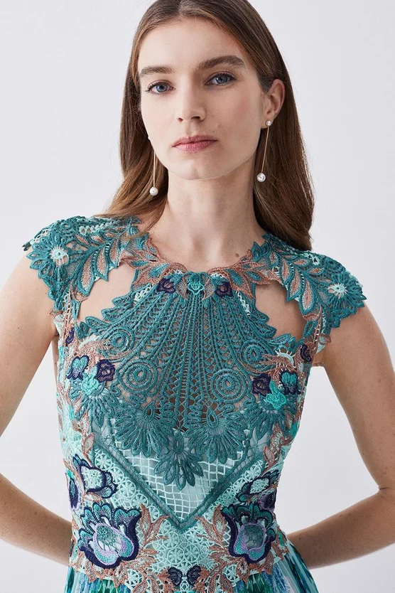 Hot Sale 🤩 Karen Millen Metallic Guipure Lace Mirrored Pleat Midi 👗 Dress - teal 😉 7 Hot Sale 🤩 Karen Millen Metallic Guipure Lace Mirrored Pleat Midi 👗 Dress - teal 😉 - Image 5