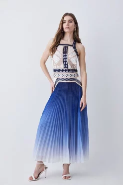 New 🤩 Karen Millen Geo Guipure Metallic Woven Pleat Midi - blue 💯