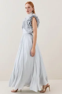 Best deal 🥰 Karen Millen Lydia Millen Tall Metallic Feather Ruffle Woven Maxi 👗 Dress - metallic silver 🧨