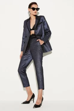 Outlet ⌛ Karen Millen Metallic Jacquard Waistband Detail Slim Leg Trouser - blue ✨