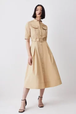 Discount 🛒 Karen Millen Cotton Sateen Short Sleeve Midi 👕 Shirt 👗 Dress - camel 🔥