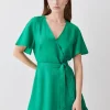 Top 10 🛒 Karen Millen Linen Angel Sleeve Wrap Front 👗 Dress - green 🤩