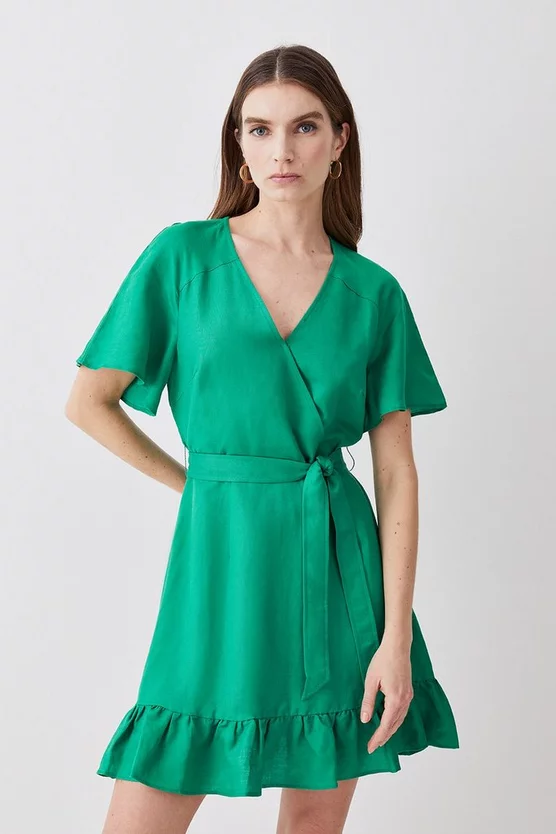 Top 10 🛒 Karen Millen Linen Angel Sleeve Wrap Front 👗 Dress - green 🤩 3 Top 10 🛒 Karen Millen Linen Angel Sleeve Wrap Front 👗 Dress - green 🤩