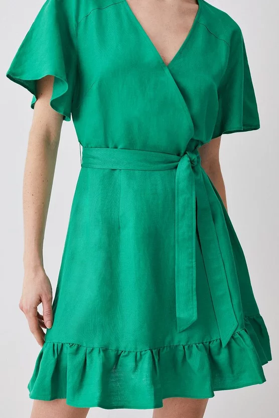 Top 10 🛒 Karen Millen Linen Angel Sleeve Wrap Front 👗 Dress - green 🤩 4 Top 10 🛒 Karen Millen Linen Angel Sleeve Wrap Front 👗 Dress - green 🤩 - Image 2
