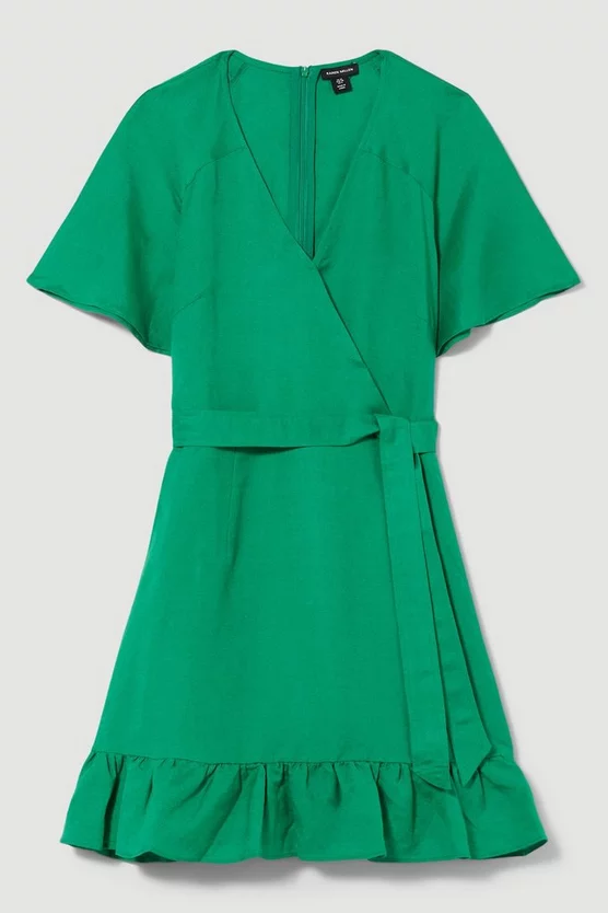 Top 10 🛒 Karen Millen Linen Angel Sleeve Wrap Front 👗 Dress - green 🤩 6 Top 10 🛒 Karen Millen Linen Angel Sleeve Wrap Front 👗 Dress - green 🤩 - Image 4