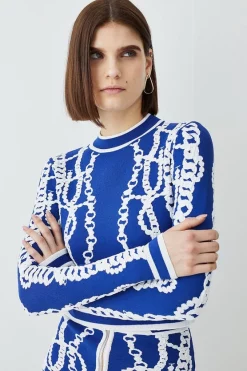 Promo ✨ Karen Millen Chain Jacquard Knit Long Sleeve Top - blue 😍