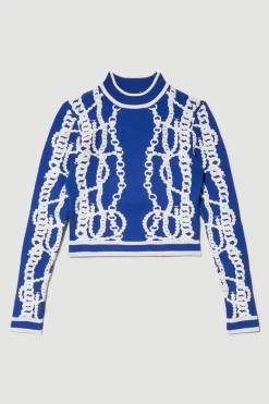 Promo ✨ Karen Millen Chain Jacquard Knit Long Sleeve Top - blue 😍 -Karen Millen Outlet store bkk07763 blue xl 3
