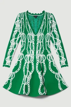 Wholesale ⌛ Karen Millen Chain Jacquard Knit Long Sleeve Mini Skater 👗 Dress - green 🔥 -Karen Millen Outlet store bkk07764 green xl 3