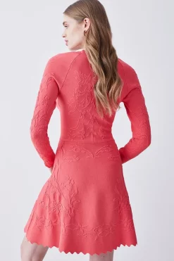 Promo 👏 Karen Millen Square Neck Textured Knit Long Sleeve Mini Skater 👗 Dress - pink 🥰 -Karen Millen Outlet store bkk07765 pink xl 2