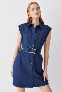 Hot Sale 🤩 Karen Millen Cotton Sateen Mini 👚 Shirt 👗 Dress - navy ❤️