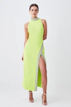 Wholesale ๐ Karen Millen Petite Crystal Embellished Woven Split Maxi - lime ๐