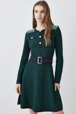Best Sale 🎉 Karen Millen Cut And Sew Tweed Panel Long Sleeve Skater Mini 👗 Dress - green 😉