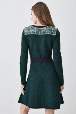 Best Sale 🎉 Karen Millen Cut And Sew Tweed Panel Long Sleeve Skater Mini 👗 Dress - green 😉 -Karen Millen Outlet store bkk07847 green xl 2