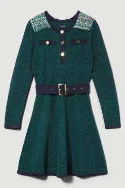Best Sale 🎉 Karen Millen Cut And Sew Tweed Panel Long Sleeve Skater Mini 👗 Dress - green 😉 -Karen Millen Outlet store bkk07847 green xl 3
