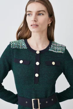 Best Sale 🎉 Karen Millen Cut And Sew Tweed Panel Long Sleeve Skater Mini 👗 Dress - green 😉 -Karen Millen Outlet store bkk07847 green xl 4