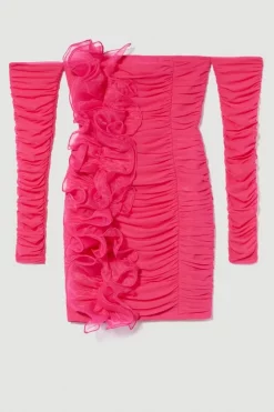 Best Sale 💯 Karen Millen Ponte And Mesh Rouched Organza Frill Bardot Mini 👗 Dress - pink 🔥 -Karen Millen Outlet store bkk07868 pink xl 3