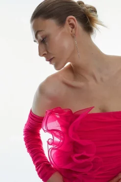 Best Sale 💯 Karen Millen Ponte And Mesh Rouched Organza Frill Bardot Mini 👗 Dress - pink 🔥 -Karen Millen Outlet store bkk07868 pink xl 4