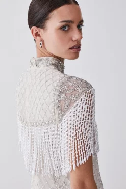 Brand new 🎉 Karen Millen Petite Pearl Embellished Fringed Woven Mini 👗 Dress - ivory 😍 -Karen Millen Outlet store bkk07885 ivory xl 4