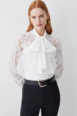 Budget 🎁 Karen Millen Lace Jersey Contrast Pussy Bow Sleeve Bodysuit 🔔