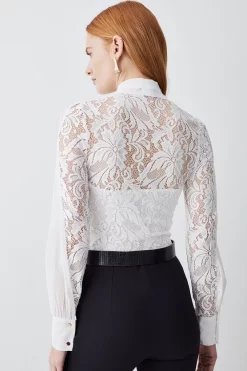 Budget 🎁 Karen Millen Lace Jersey Contrast Pussy Bow Sleeve Bodysuit 🔔 -Karen Millen Outlet store bkk07904 cream xl 2