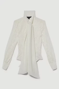 Budget 🎁 Karen Millen Lace Jersey Contrast Pussy Bow Sleeve Bodysuit 🔔 -Karen Millen Outlet store bkk07904 cream xl 3
