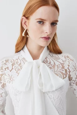 Budget 🎁 Karen Millen Lace Jersey Contrast Pussy Bow Sleeve Bodysuit 🔔 -Karen Millen Outlet store bkk07904 cream xl 5