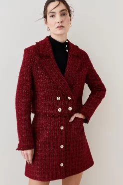 Coupon 🤩 Karen Millen Tweed Gold Button Cropped Frayed Edge Jacket - red ✨