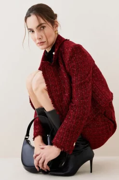 Coupon 🤩 Karen Millen Tweed Gold Button Cropped Frayed Edge Jacket - red ✨ -Karen Millen Outlet store bkk07927 red xl 2