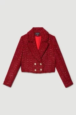 Coupon 🤩 Karen Millen Tweed Gold Button Cropped Frayed Edge Jacket - red ✨ -Karen Millen Outlet store bkk07927 red xl 3